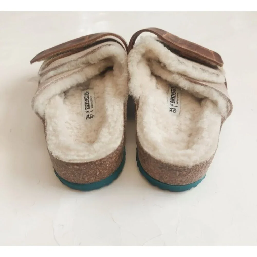 Birkenstock Size 3 Kyoto Teddy Kids Suede Sandals Shearling Lined EU 34 Beige